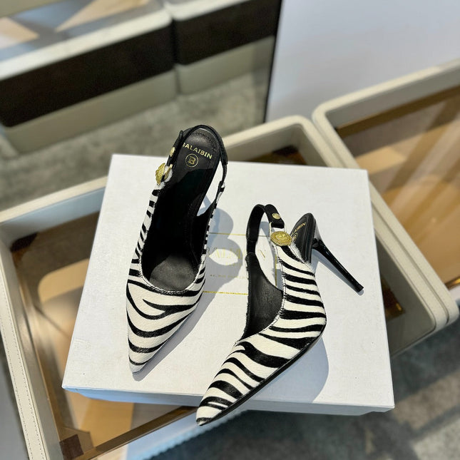 BALMAIN 25S SLINGBACK EVA 95MM IN WHITE AND BLACK ZEBRA PRINT CALFSKIN