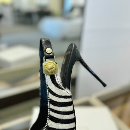 BALMAIN 25S SLINGBACK EVA 95MM IN WHITE AND BLACK ZEBRA PRINT CALFSKIN