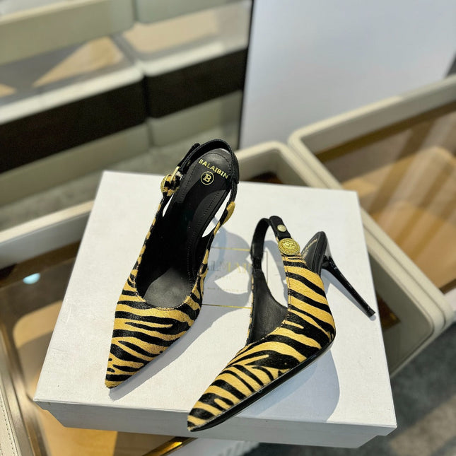 BALMAIN 25S SLINGBACK EVA 95MM IN YELLOW AND BLACK ZEBRA PRINT CALFSKIN