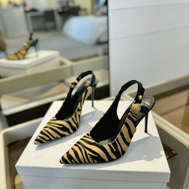 BALMAIN 25S SLINGBACK EVA 95MM IN YELLOW AND BLACK ZEBRA PRINT CALFSKIN
