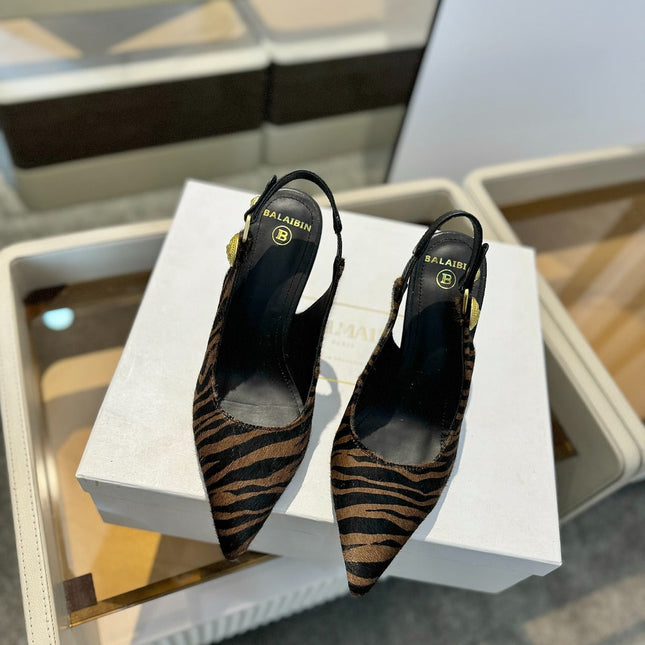 BALMAIN 25S SLINGBACK EVA 95MM IN BROWN AND BLACK ZEBRA PRINT CALFSKIN