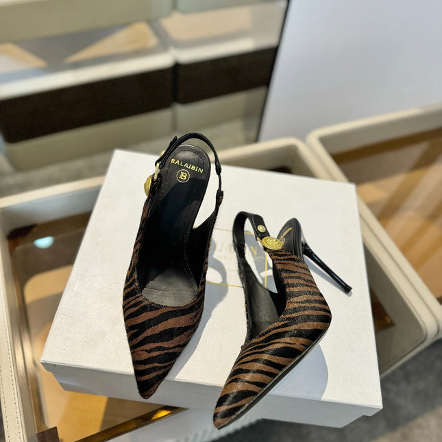 BALMAIN 25S SLINGBACK EVA 95MM IN BROWN AND BLACK ZEBRA PRINT CALFSKIN