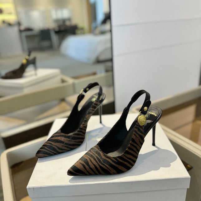 BALMAIN 25S SLINGBACK EVA 95MM IN BROWN AND BLACK ZEBRA PRINT CALFSKIN