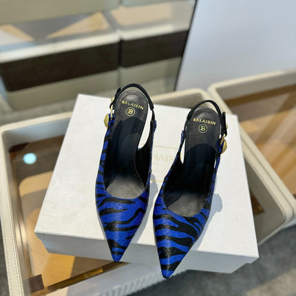 BALMAIN 25S SLINGBACK EVA 95MM IN BLUE AND BLACK ZEBRA PRINT CALFSKIN