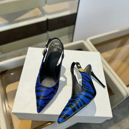 BALMAIN 25S SLINGBACK EVA 95MM IN BLUE AND BLACK ZEBRA PRINT CALFSKIN