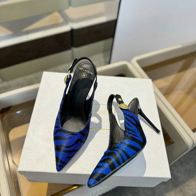 BALMAIN 25S SLINGBACK EVA 95MM IN BLUE AND BLACK ZEBRA PRINT CALFSKIN