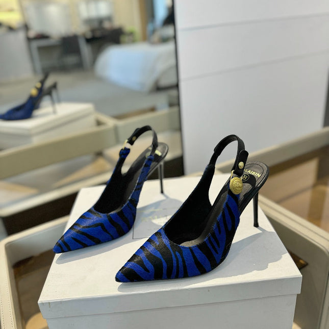 BALMAIN 25S SLINGBACK EVA 95MM IN BLUE AND BLACK ZEBRA PRINT CALFSKIN