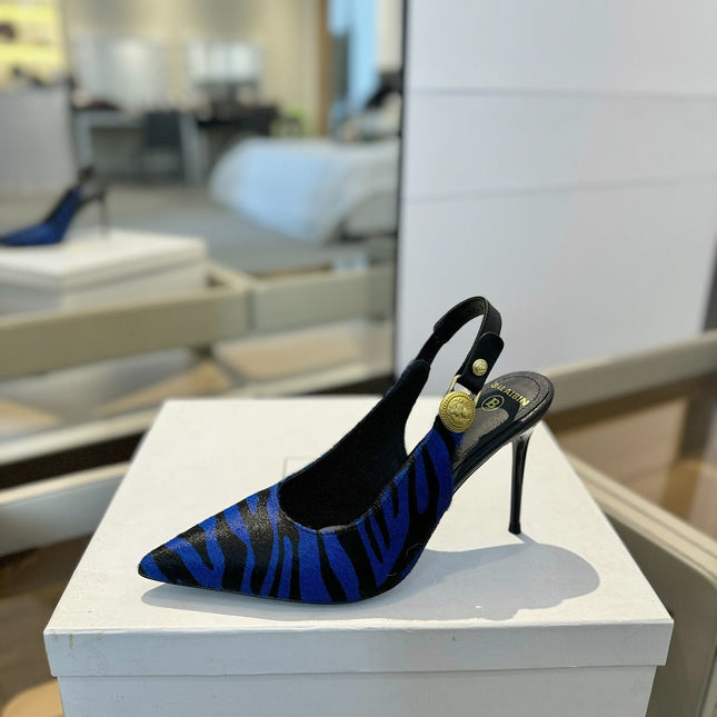 BALMAIN 25S SLINGBACK EVA 95MM IN BLUE AND BLACK ZEBRA PRINT CALFSKIN