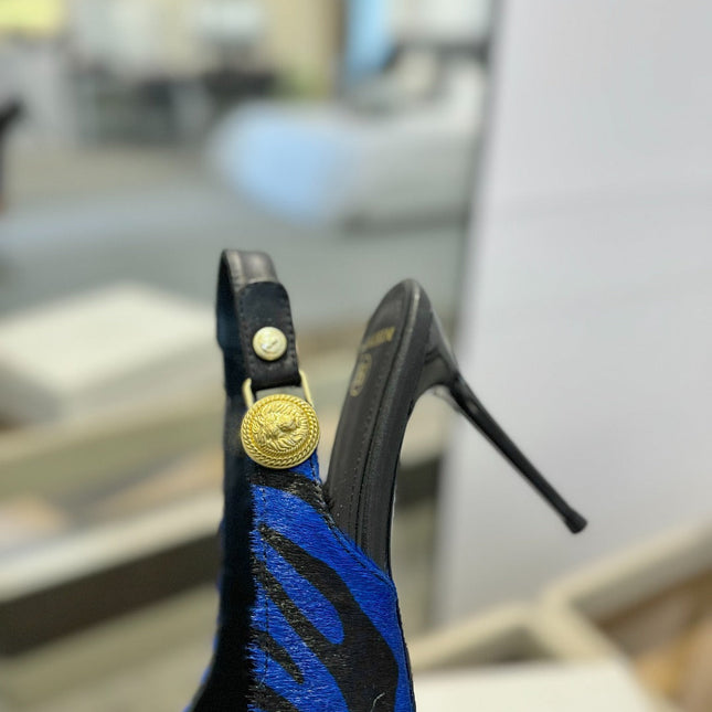 BALMAIN 25S SLINGBACK EVA 95MM IN BLUE AND BLACK ZEBRA PRINT CALFSKIN