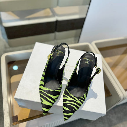 BALMAIN 25S SLINGBACK EVA 95MM IN GREEN AND BLACK ZEBRA PRINT CALFSKIN