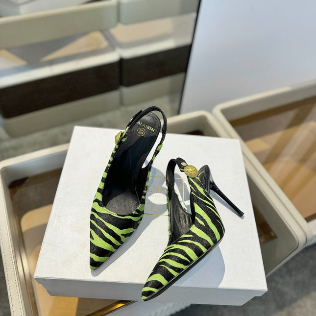 BALMAIN 25S SLINGBACK EVA 95MM IN GREEN AND BLACK ZEBRA PRINT CALFSKIN