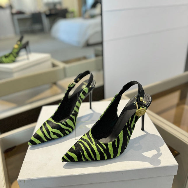 BALMAIN 25S SLINGBACK EVA 95MM IN GREEN AND BLACK ZEBRA PRINT CALFSKIN