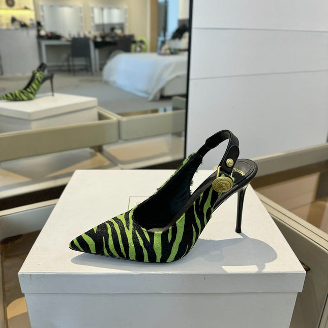 BALMAIN 25S SLINGBACK EVA 95MM IN GREEN AND BLACK ZEBRA PRINT CALFSKIN
