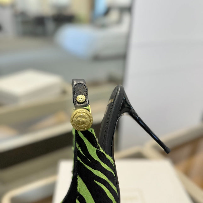 BALMAIN 25S SLINGBACK EVA 95MM IN GREEN AND BLACK ZEBRA PRINT CALFSKIN