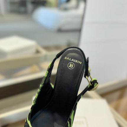 BALMAIN 25S SLINGBACK EVA 95MM IN GREEN AND BLACK ZEBRA PRINT CALFSKIN