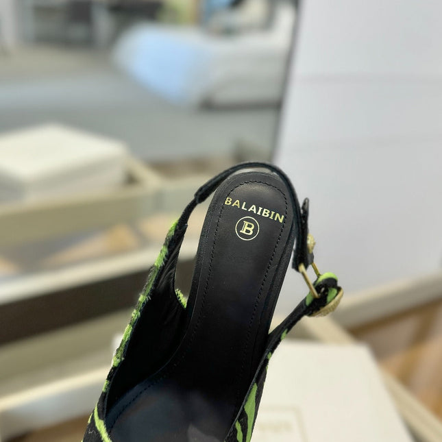 BALMAIN 25S SLINGBACK EVA 95MM IN GREEN AND BLACK ZEBRA PRINT CALFSKIN