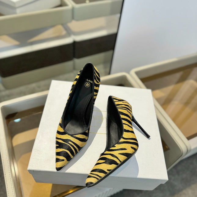 BALMAIN 25S HIGH HEELS 95MM IN YELLOW AND BLACK ZEBRA PRINT CALFSKIN