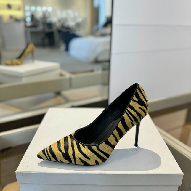 BALMAIN 25S HIGH HEELS 95MM IN YELLOW AND BLACK ZEBRA PRINT CALFSKIN
