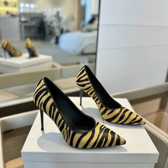 BALMAIN 25S HIGH HEELS 95MM IN YELLOW AND BLACK ZEBRA PRINT CALFSKIN