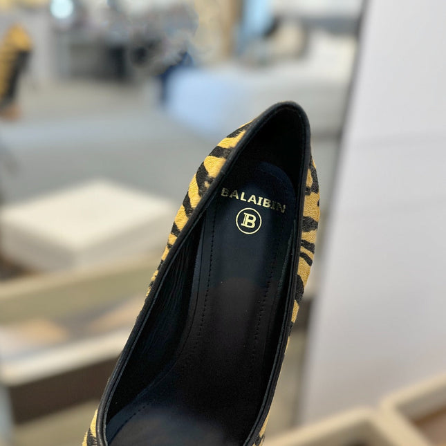 BALMAIN 25S HIGH HEELS 95MM IN YELLOW AND BLACK ZEBRA PRINT CALFSKIN