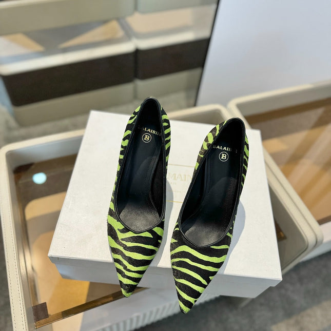 BALMAIN 25S HIGH HEELS 95MM IN GREEN AND BLACK ZEBRA PRINT CALFSKIN