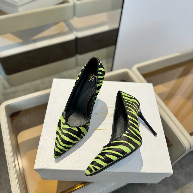 BALMAIN 25S HIGH HEELS 95MM IN GREEN AND BLACK ZEBRA PRINT CALFSKIN