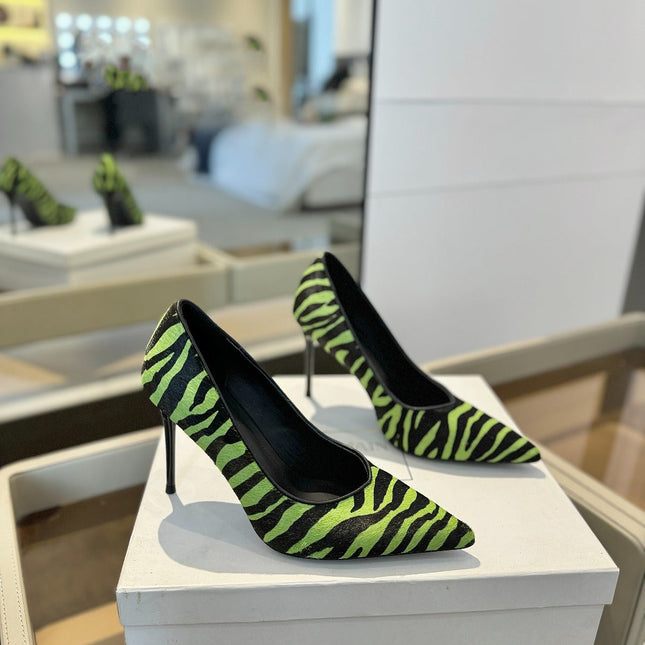 BALMAIN 25S HIGH HEELS 95MM IN GREEN AND BLACK ZEBRA PRINT CALFSKIN