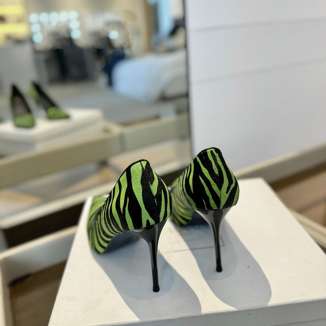 BALMAIN 25S HIGH HEELS 95MM IN GREEN AND BLACK ZEBRA PRINT CALFSKIN