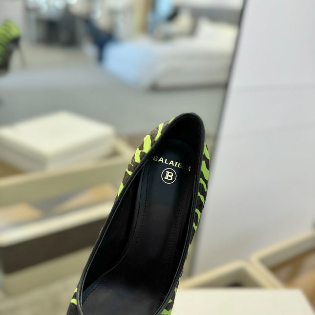 BALMAIN 25S HIGH HEELS 95MM IN GREEN AND BLACK ZEBRA PRINT CALFSKIN