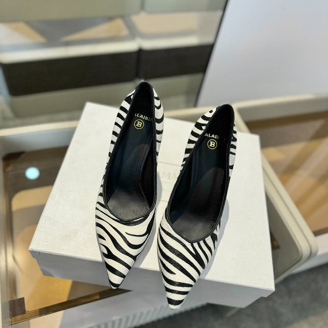 BALMAIN 25S HIGH HEELS 95MM IN WHITE AND BLACK ZEBRA PRINT CALFSKIN