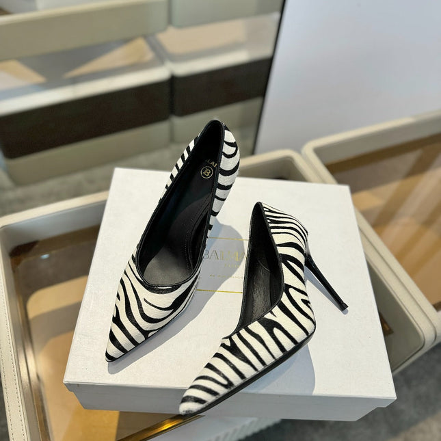 BALMAIN 25S HIGH HEELS 95MM IN WHITE AND BLACK ZEBRA PRINT CALFSKIN