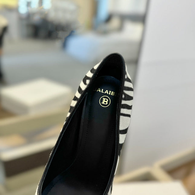 BALMAIN 25S HIGH HEELS 95MM IN WHITE AND BLACK ZEBRA PRINT CALFSKIN