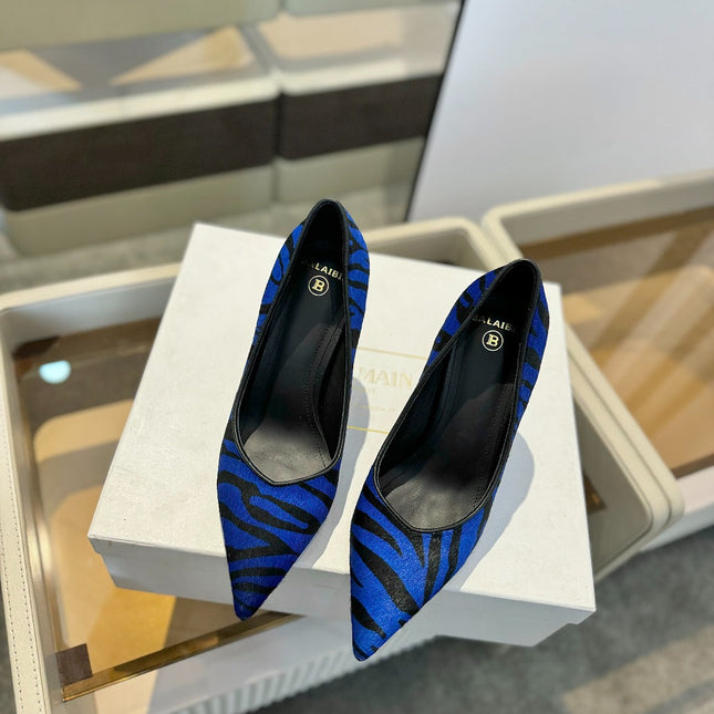 BALMAIN 25S HIGH HEELS 95MM IN BLUE AND BLACK ZEBRA PRINT CALFSKIN