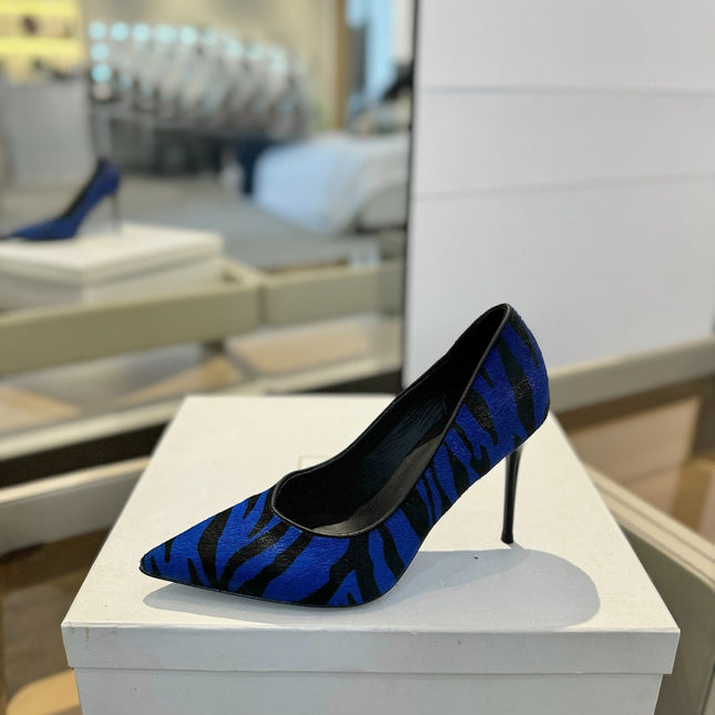BALMAIN 25S HIGH HEELS 95MM IN BLUE AND BLACK ZEBRA PRINT CALFSKIN