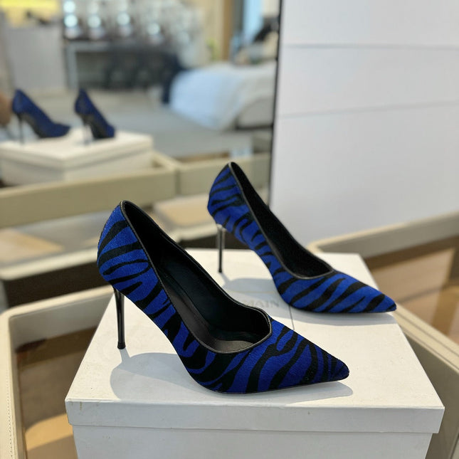 BALMAIN 25S HIGH HEELS 95MM IN BLUE AND BLACK ZEBRA PRINT CALFSKIN