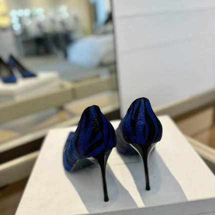 BALMAIN 25S HIGH HEELS 95MM IN BLUE AND BLACK ZEBRA PRINT CALFSKIN