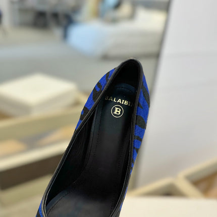 BALMAIN 25S HIGH HEELS 95MM IN BLUE AND BLACK ZEBRA PRINT CALFSKIN