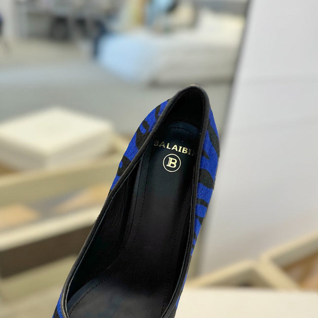 BALMAIN 25S HIGH HEELS 95MM IN BLUE AND BLACK ZEBRA PRINT CALFSKIN