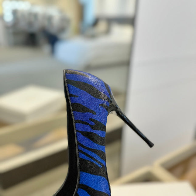 BALMAIN 25S HIGH HEELS 95MM IN BLUE AND BLACK ZEBRA PRINT CALFSKIN
