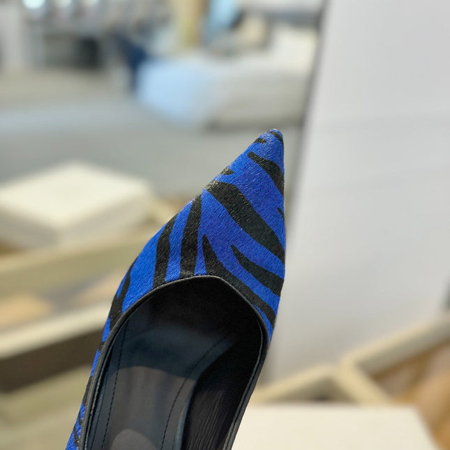 BALMAIN 25S HIGH HEELS 95MM IN BLUE AND BLACK ZEBRA PRINT CALFSKIN