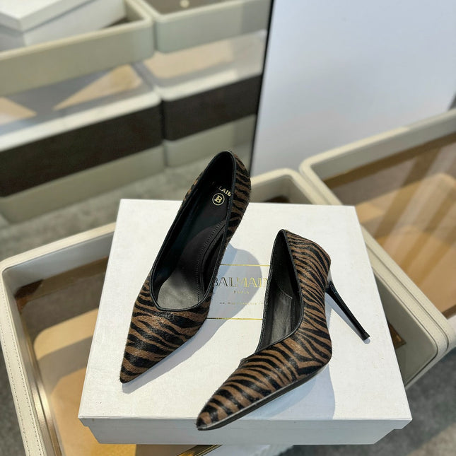 BALMAIN 25S HIGH HEELS 95MM IN BROWN AND BLACK ZEBRA PRINT CALFSKIN