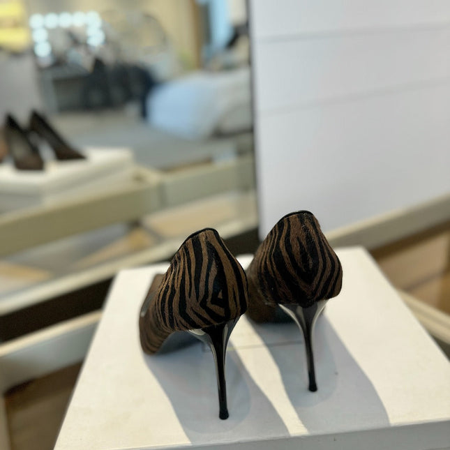 BALMAIN 25S HIGH HEELS 95MM IN BROWN AND BLACK ZEBRA PRINT CALFSKIN