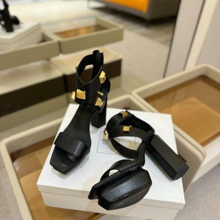 BALMAIN 25S WEDGE HEELS 105MM IN BLACK CALFSKIN GOLD HARDWARE