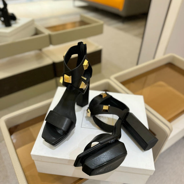 BALMAIN 25S WEDGE HEELS 105MM IN BLACK CALFSKIN GOLD HARDWARE