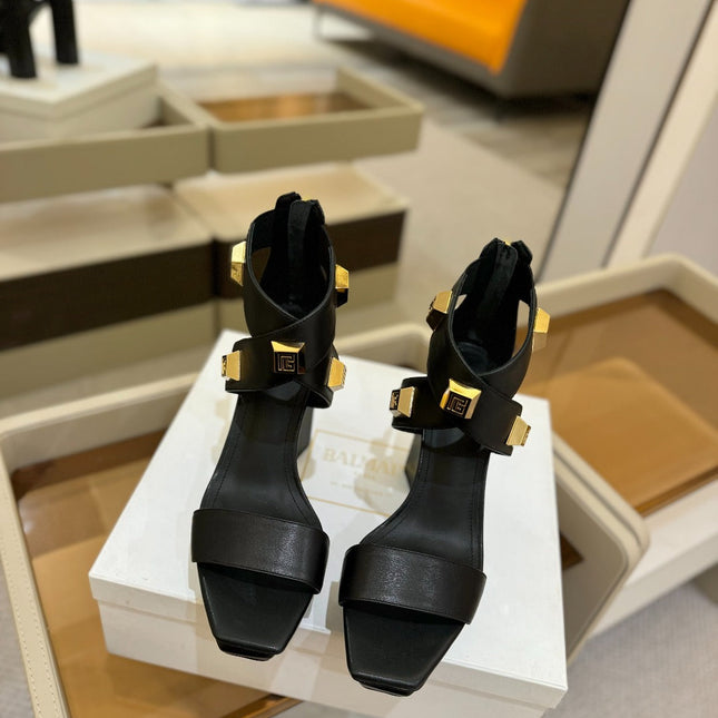 BALMAIN 25S WEDGE HEELS 105MM IN BLACK CALFSKIN GOLD HARDWARE