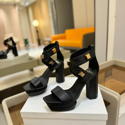 BALMAIN 25S WEDGE HEELS 105MM IN BLACK CALFSKIN GOLD HARDWARE