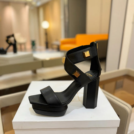 BALMAIN 25S WEDGE HEELS 105MM IN BLACK CALFSKIN GOLD HARDWARE