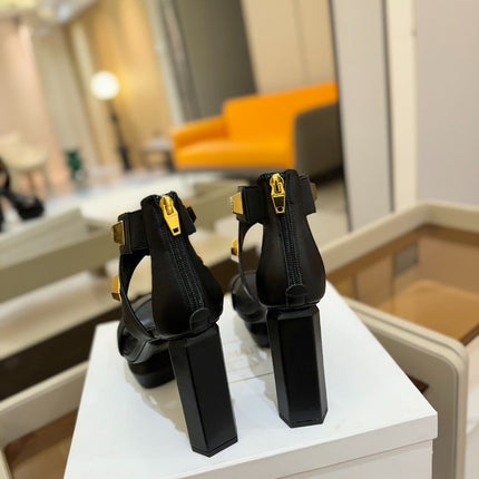 BALMAIN 25S WEDGE HEELS 105MM IN BLACK CALFSKIN GOLD HARDWARE