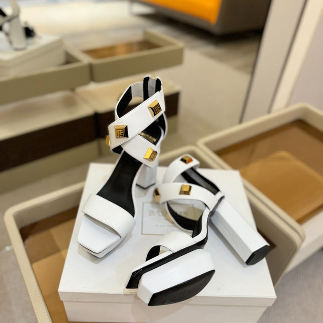 BALMAIN 25S WEDGE HEELS 105MM IN WHITE CALFSKIN GOLD HARDWARE