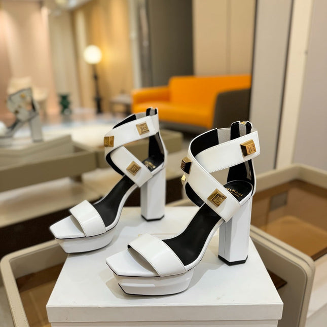 BALMAIN 25S WEDGE HEELS 105MM IN WHITE CALFSKIN GOLD HARDWARE